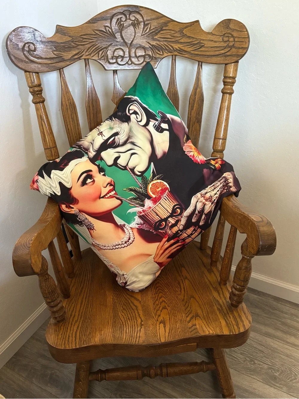 BRAND NEW Retro Frankenstein & Bride Tiki Bar Cocktail TimeOversized ThrowPillow